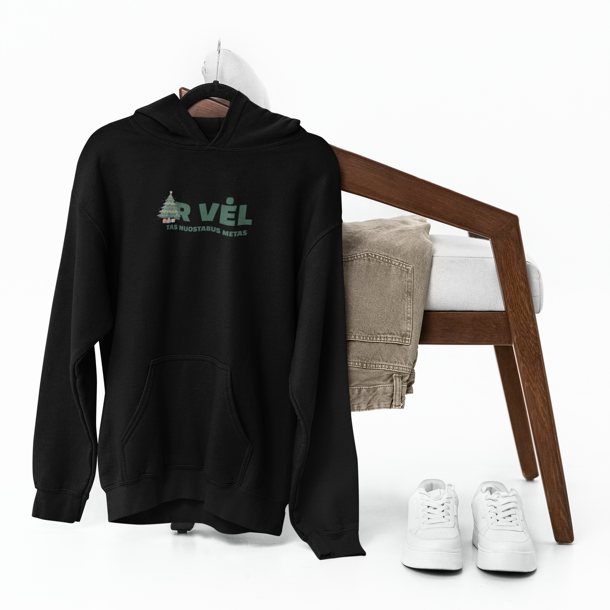 Juodas UNISEX džemperis su gobtuvu "Ir vėl tas nuostabus metas."